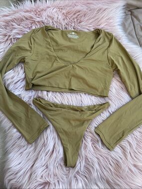 Golden Olive Long Sleeve Swim Crop Top - Women